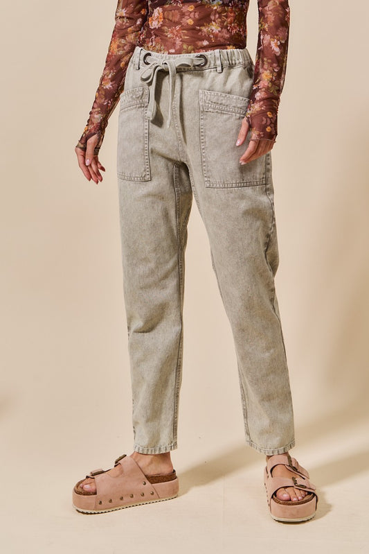 Light Olive Vintage Washed Barrel Drawstring Pants