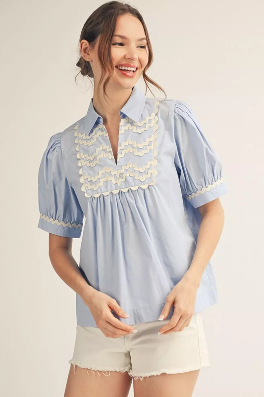 Sky Blue Collared Blouse w/ RicRac Details