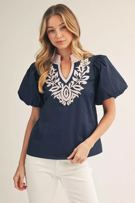Navy Short Sleeve Blouse w/ Baby Pink Embellishments