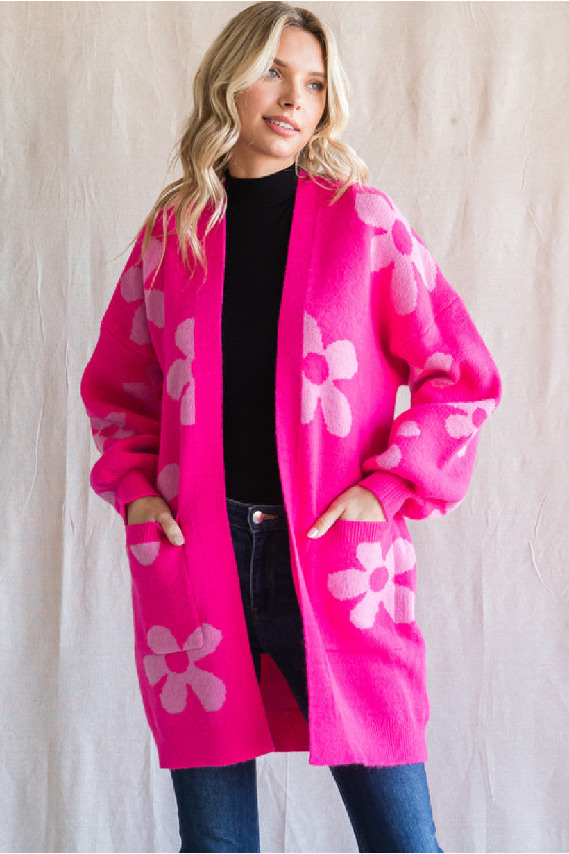 Hot Pink Open Front 60s Floral Cardigan w/ Pockets
