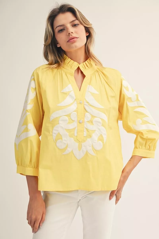 Yellow Floral Embroidered Long Sleeve Blouse