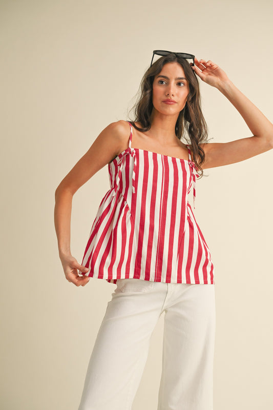 Red Striped Gathered Side Detail Top