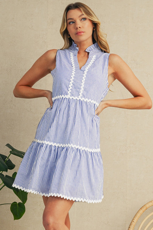 Blue Striped Sleeveless Mini Dress w/ Ric Rac Trim