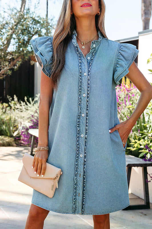 Denim Washed Filled Button Down Short Sleeve Mini Dress