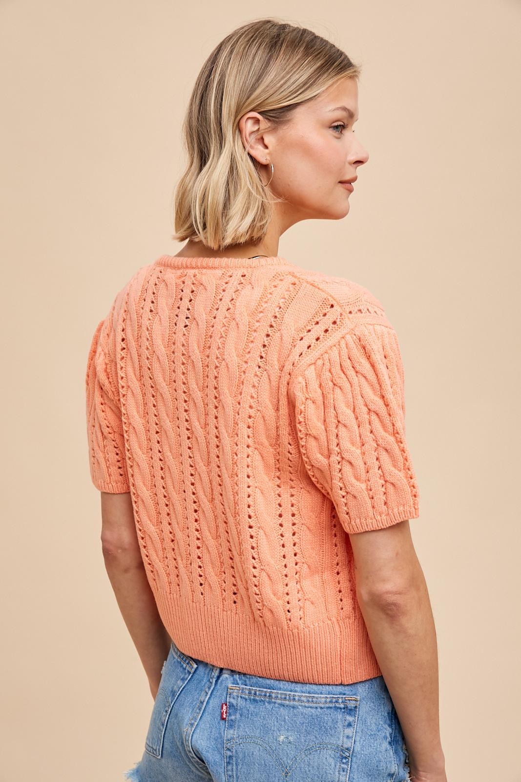 Apricot Cropped Cable Knit Short Sleeve Cardigan