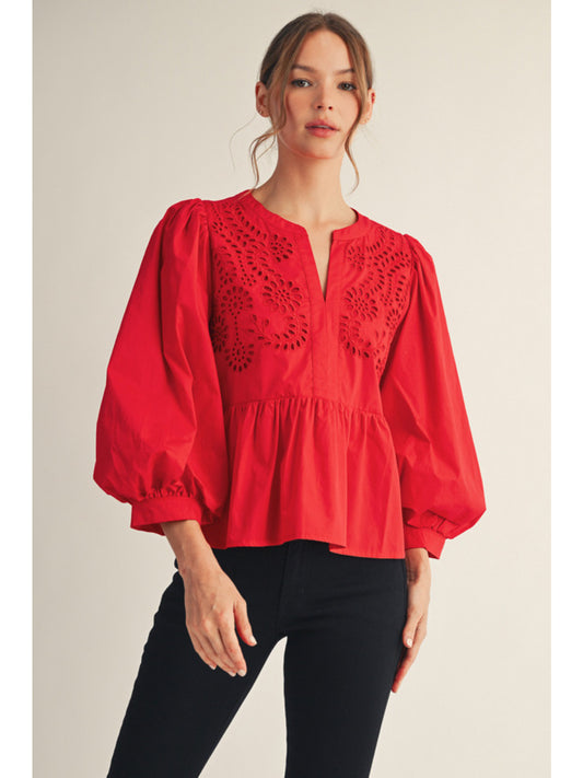 Long Balloon Sleeve, Babydoll Eyelet Print Blouse