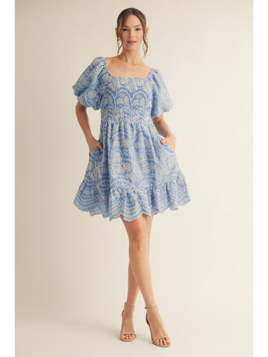 Sky Blue Eyelet Mini Dress w/ Pockets