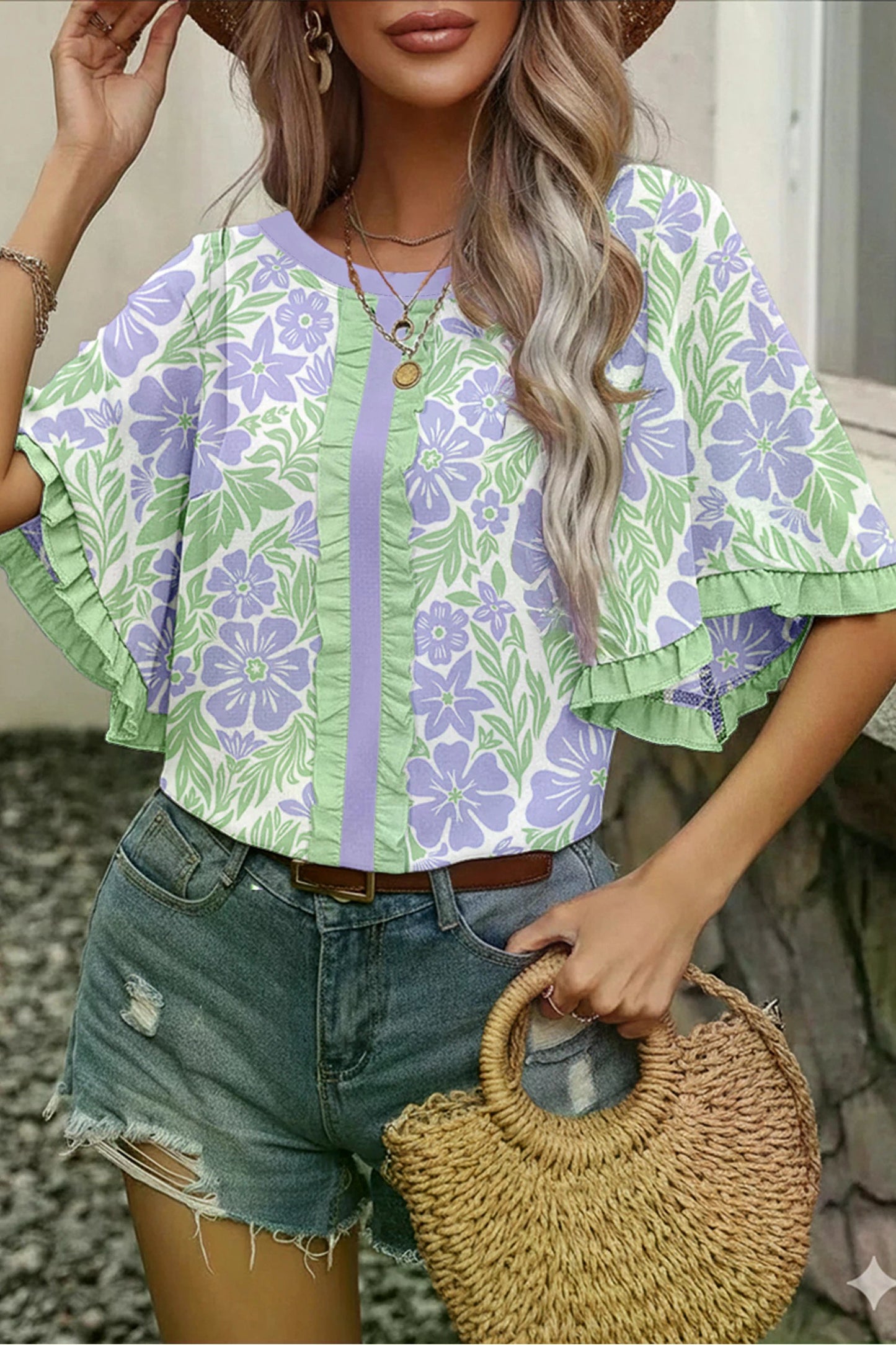 Purple Floral Scoop Neck Short Sleeve Blouse