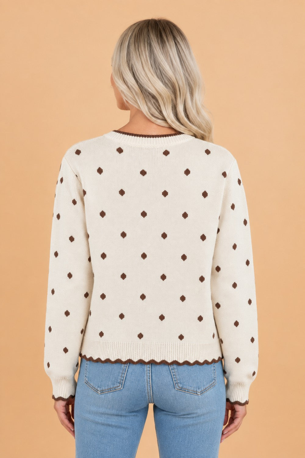 Coffee Polka Dot Scallop Trim Sweater
