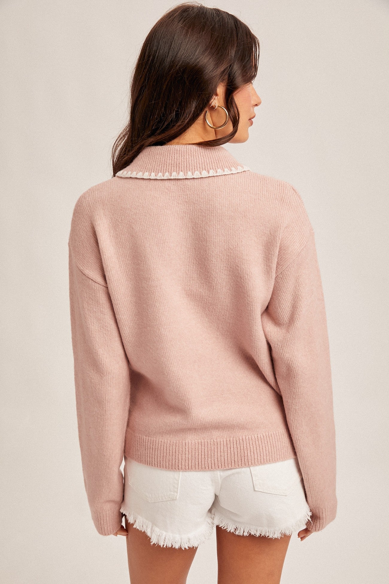 Pink Embroidered Polo Sweater
