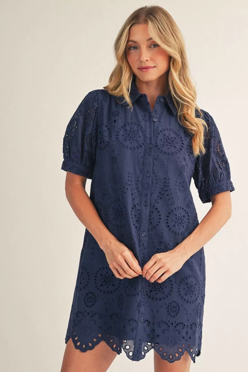 Navy Eyelet Short Sleeve Collared Mini Dress