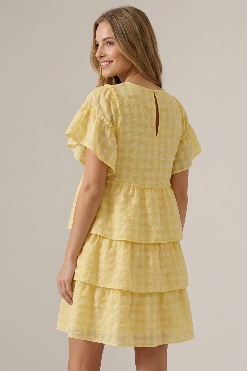 Yellow Seersucker Gingham Tiered Mini Dress