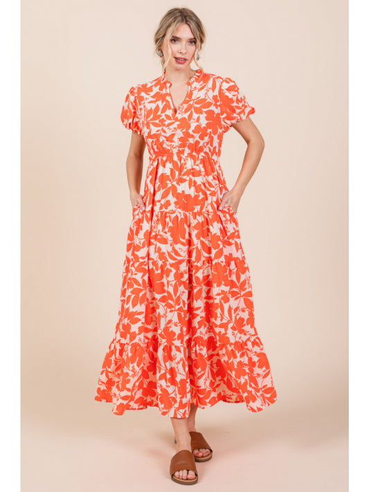 Ivory + Orange Floral Short Puff Sleeve Tiered Maxi Dress