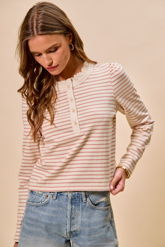 Off White/Pink Striped Knit Long Sleeve Button Down