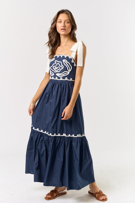 Navy/Ivory Tie Strap w/ Floral Cord Detail Maxi Dress