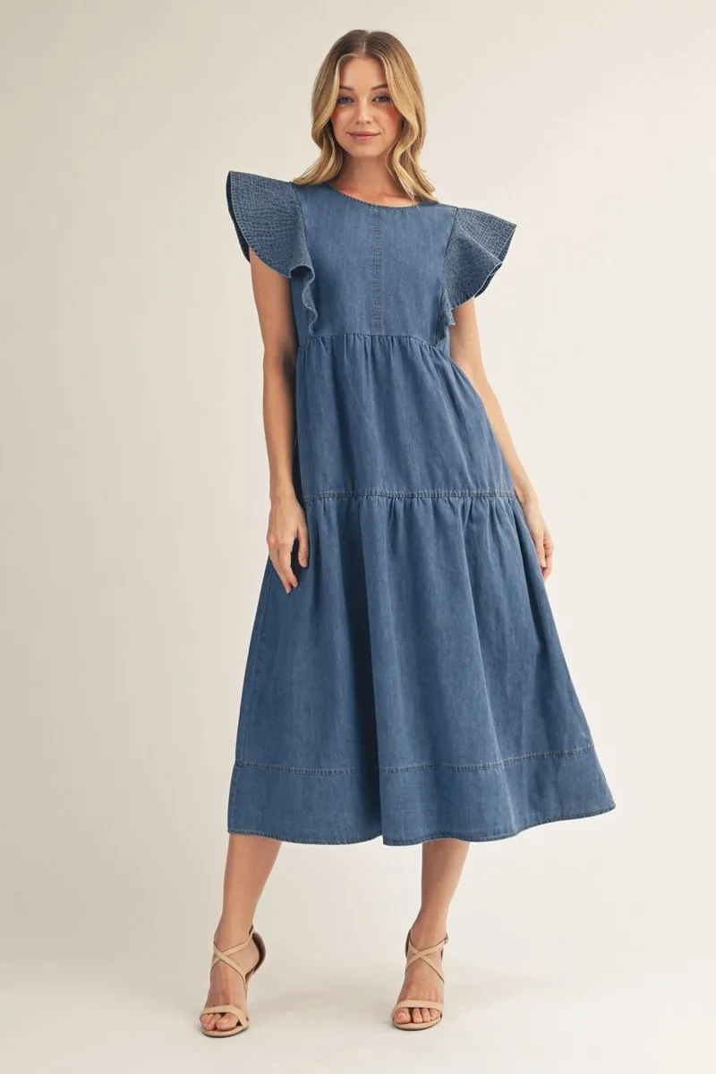 Denim Flutter Sleeve Tiered Maxi Dress