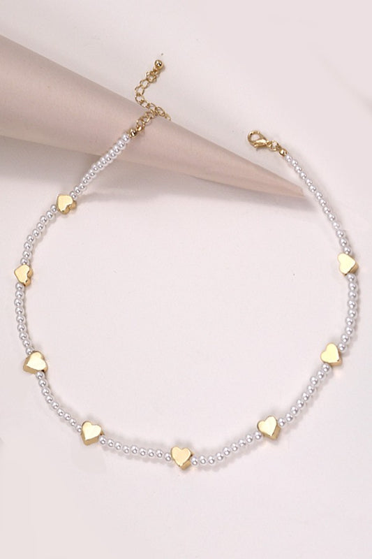 Beaded Pearl and Heart Chain Necklace