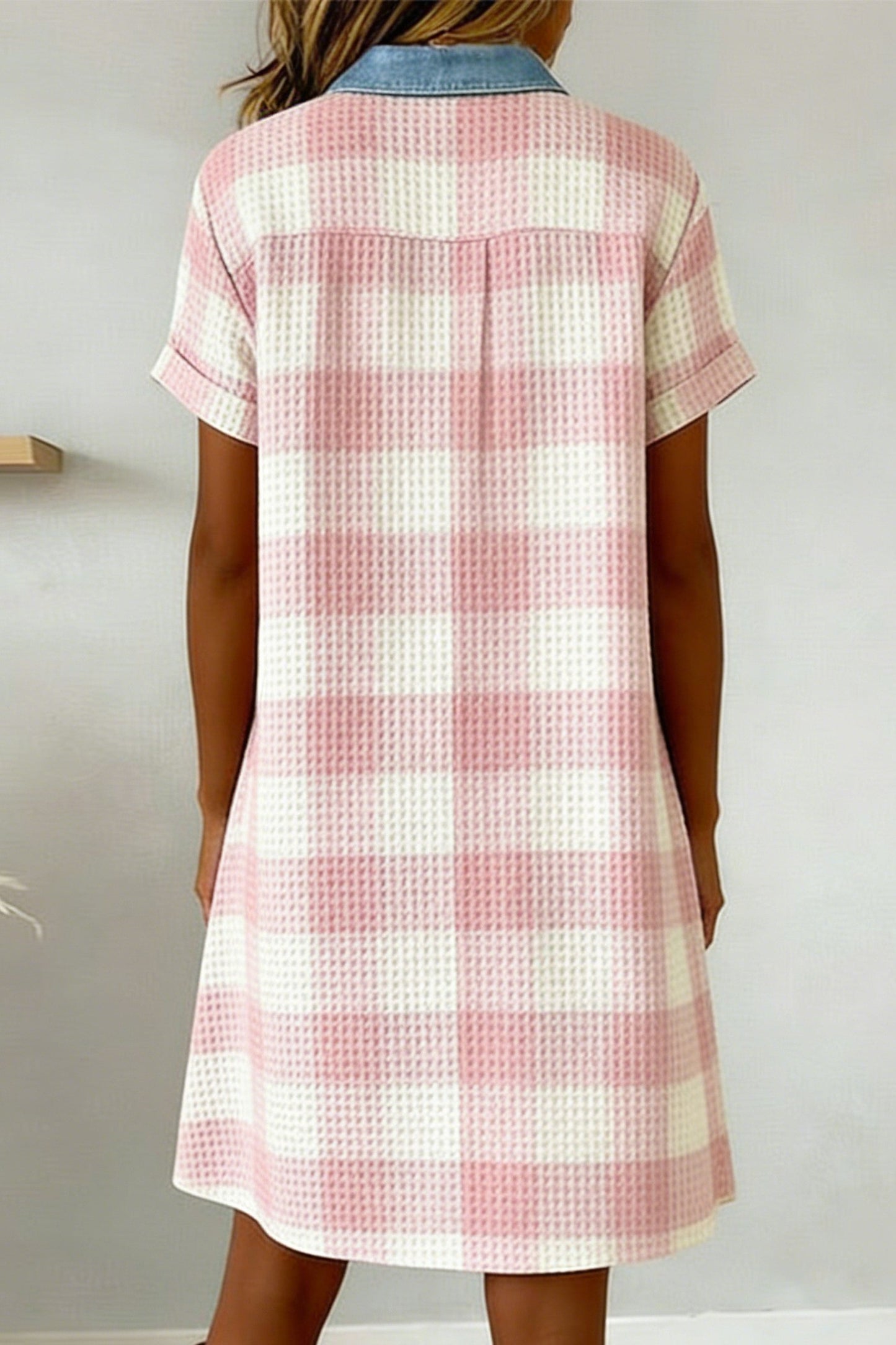 Pink Gingham Waffle Knit Short Sleeve Collared Mini Dress