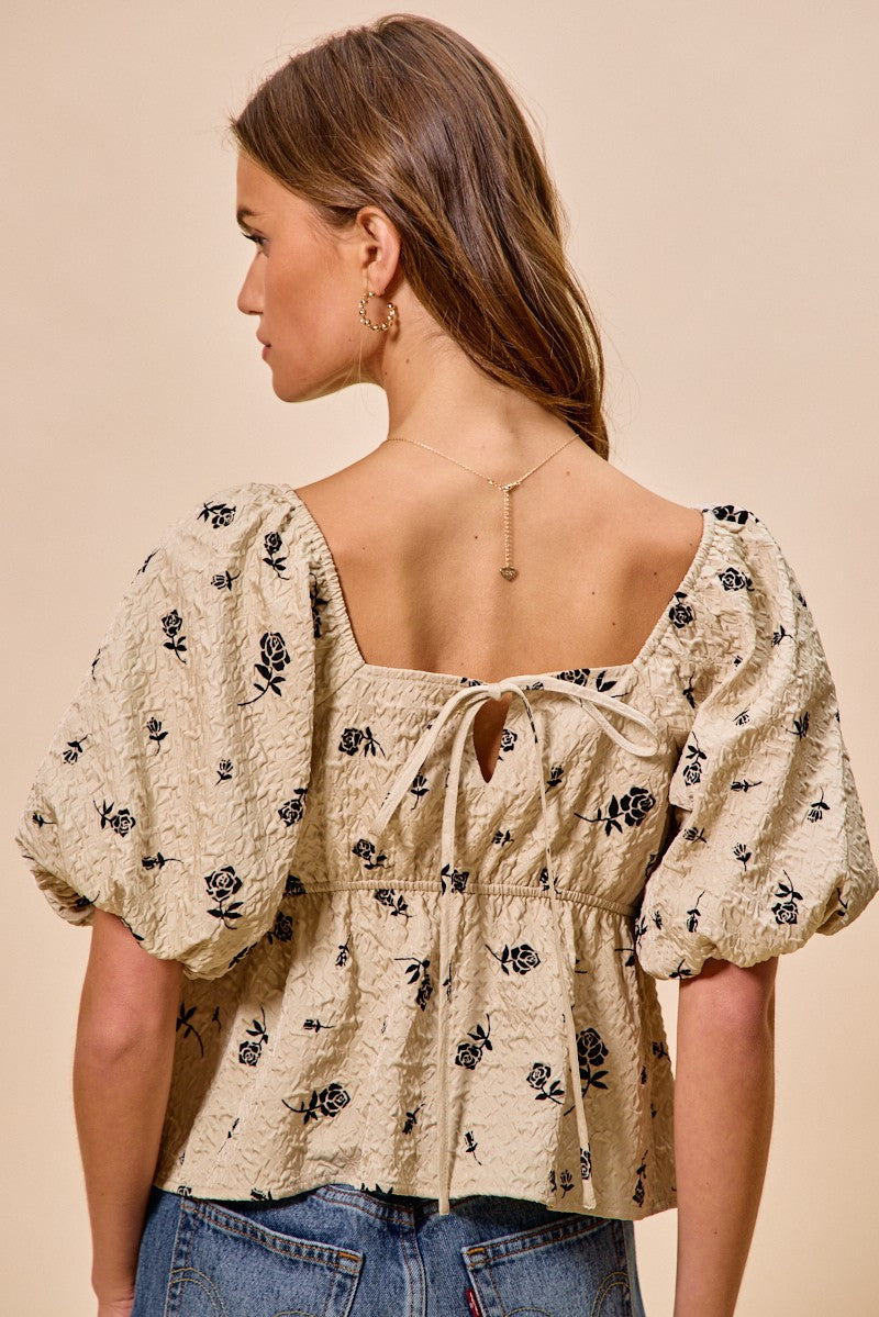 Beige Rose Print Textured Square Neck Short Sleeve Blouse