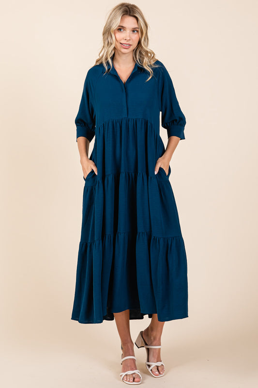 Teal Airflow Short Sleeve Collared Maxi Dress