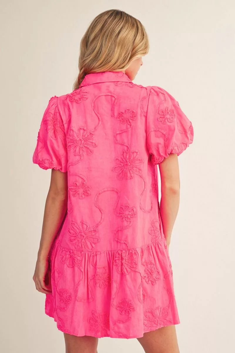 Hot Pink Floral Textured Drop Waist Short Sleeve Mini Dress