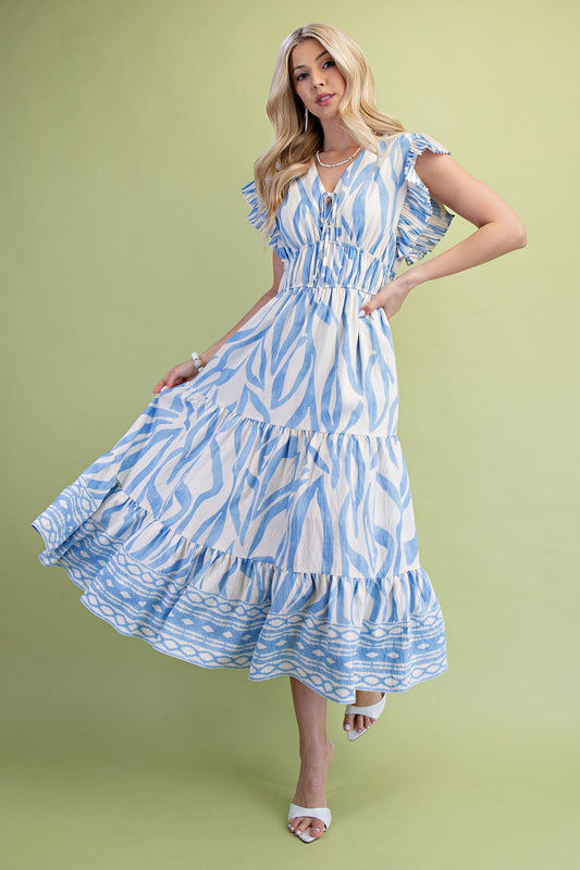 Sky Mix Printed Sleeveless Midi Dress w/ Front Tie
