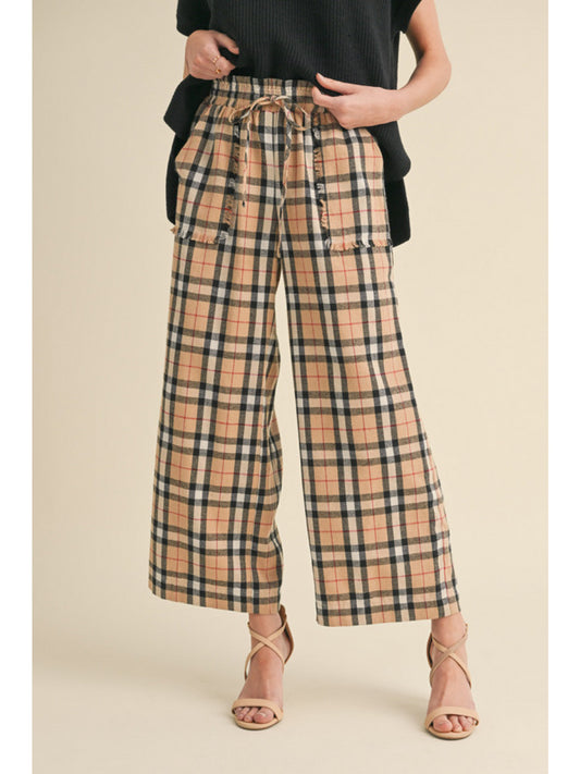 Taupe Plaid Cropped Drawstring Pants