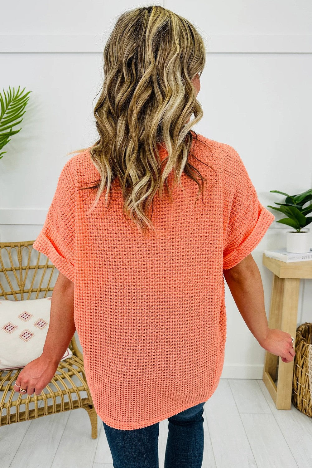 Orange Waffle Knit V-Neck Tee