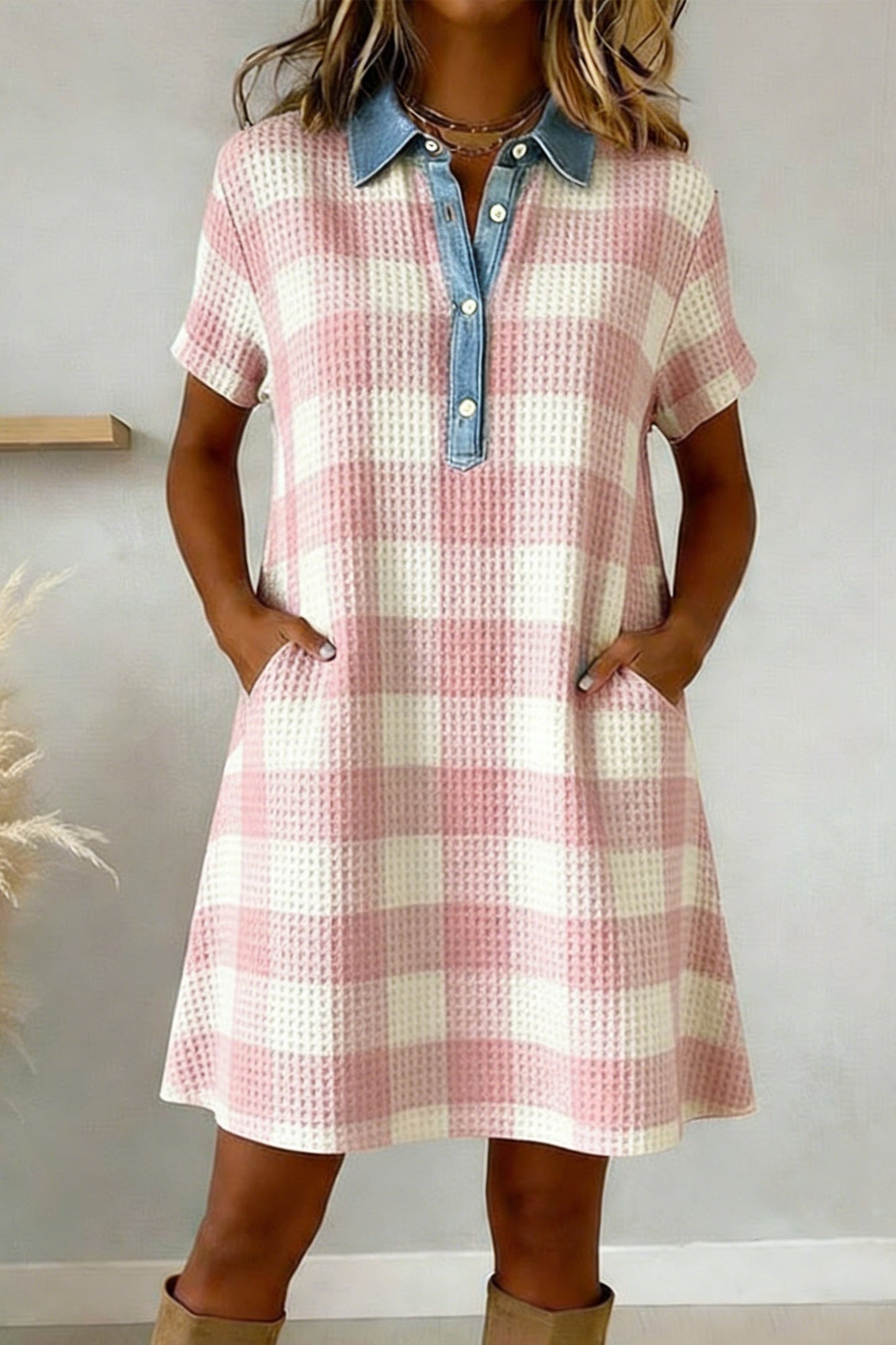 Pink Gingham Waffle Knit Short Sleeve Collared Mini Dress
