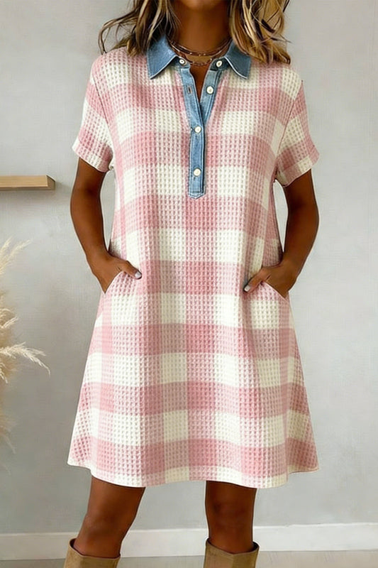 Pink Gingham Waffle Knit Short Sleeve Collared Mini Dress