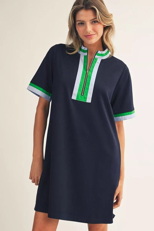 Navy Zipper Collared Short Sleeve Mini Dress