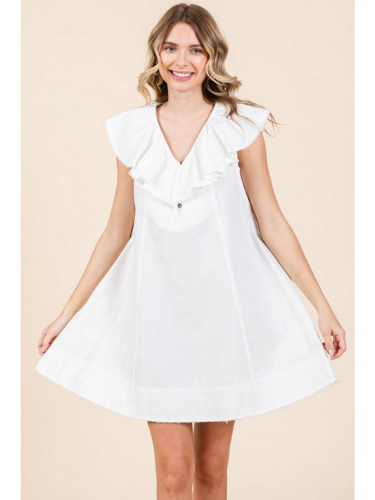 Denim V-Neck Ruffle Sleeve Mini Dress