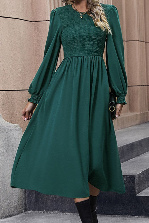 Dark Green Smocked, Long Sleeve Midi Dress w/ Pockets