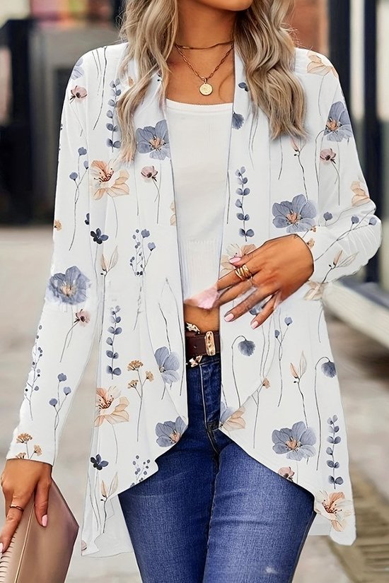 White Floral Open Front Cardigan