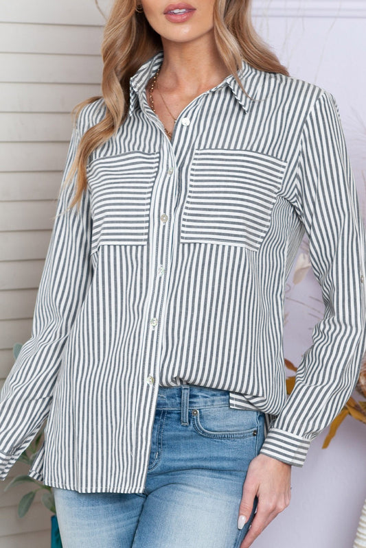 Gray Striped Button Up Blouse