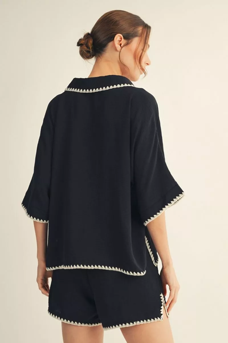 Black Collared Short Sleeve Contrast Stitched Blouse