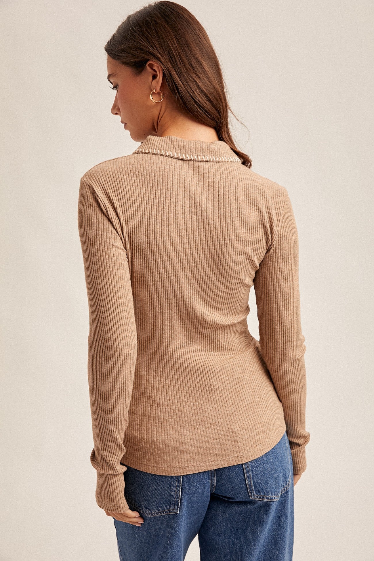 Brown Contrast Stitch Collared Button Down Ribbed Top