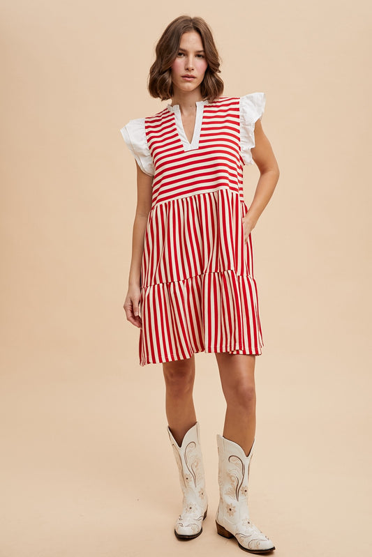 Red Striped Ruffle Sleeve Babydoll Mini Dress