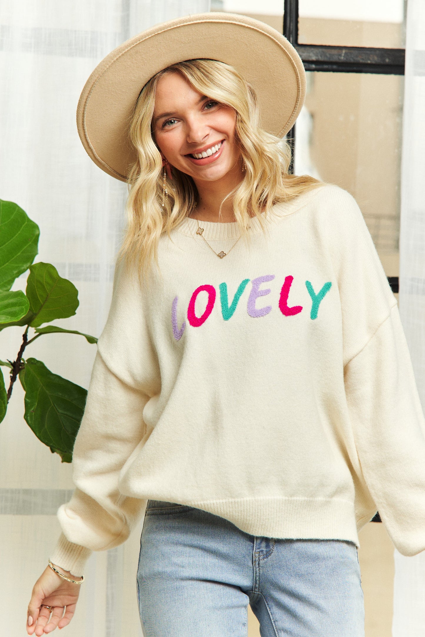 Ivory 'Lovely' Multicolor Letter Sweater