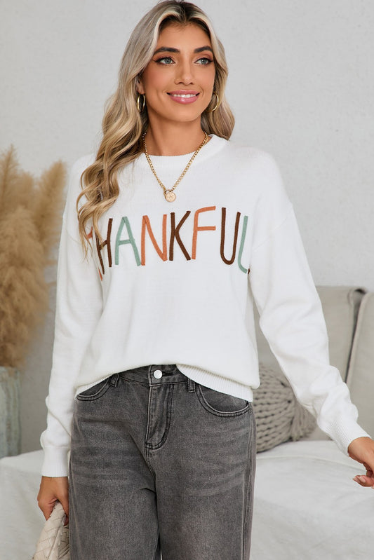 White Multicolor 'Thankful' Embroidered Sweater