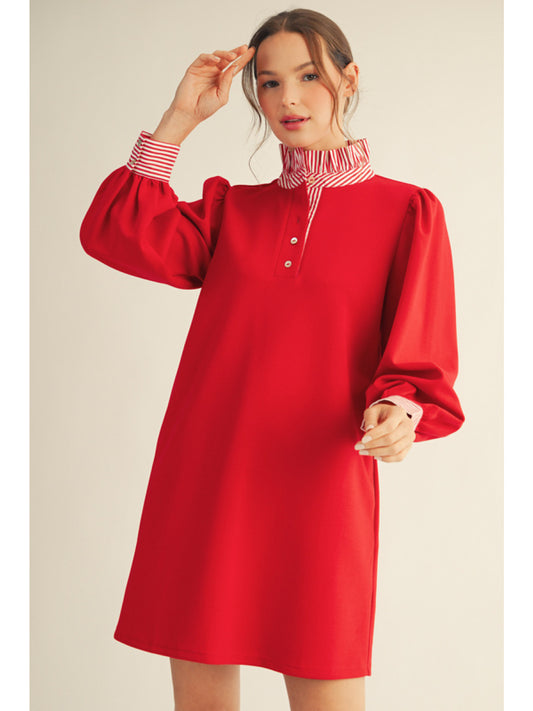 Red Long Sleeve Mini Dress w/ Stripe Details