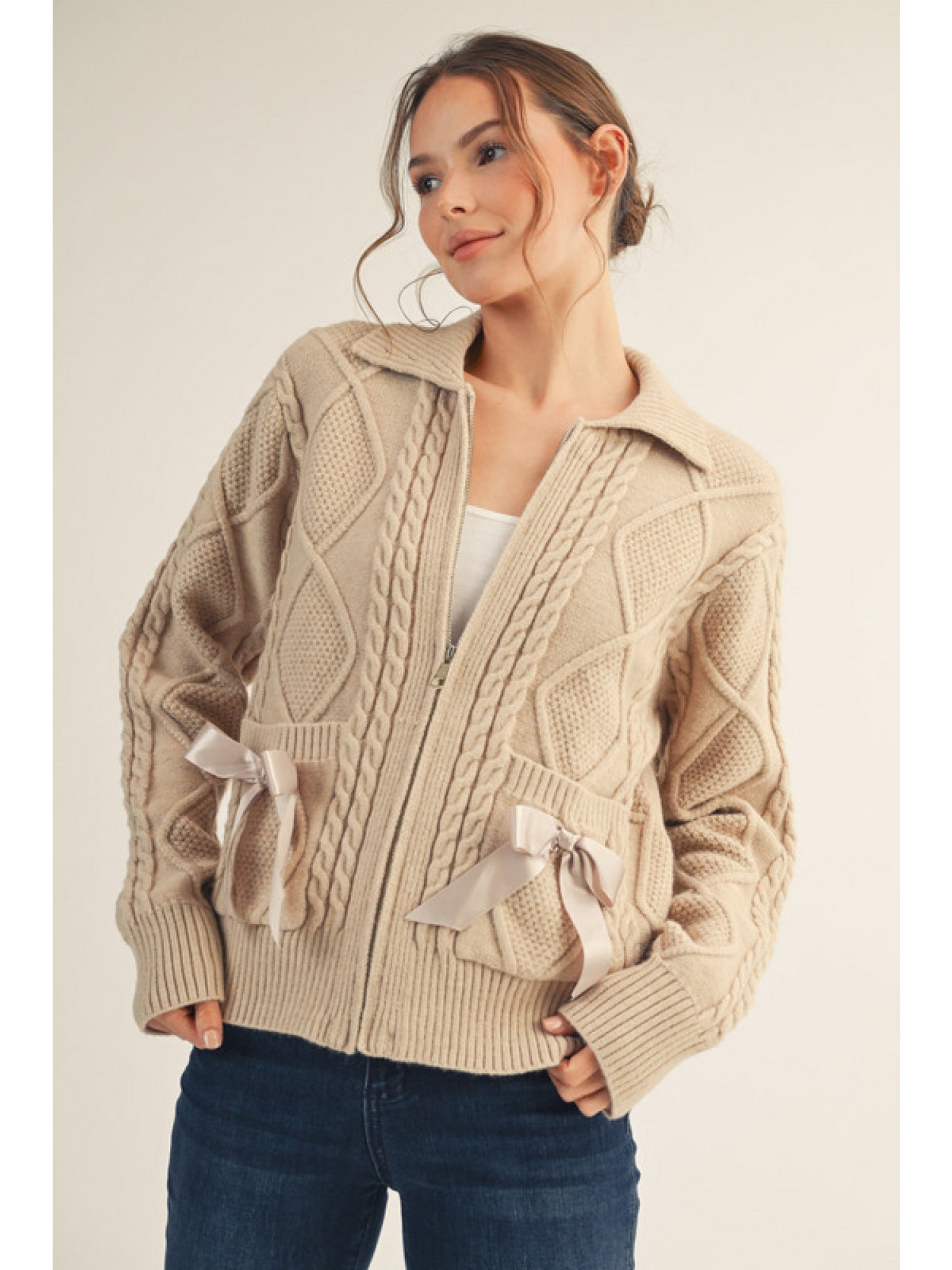 Cable Knit, Zipper Collared Sweater w/ Bow Pocket Details