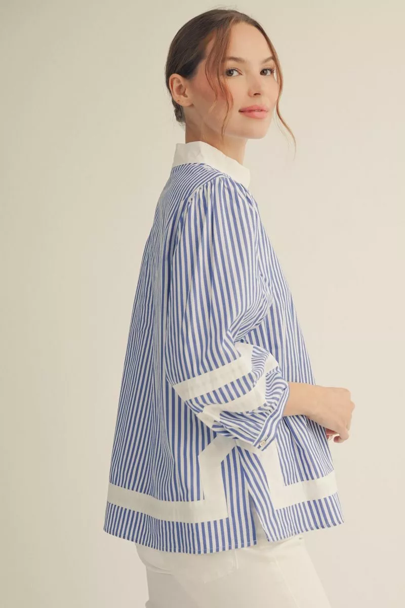 Blue Striped Long Balloon Sleeve Blouse