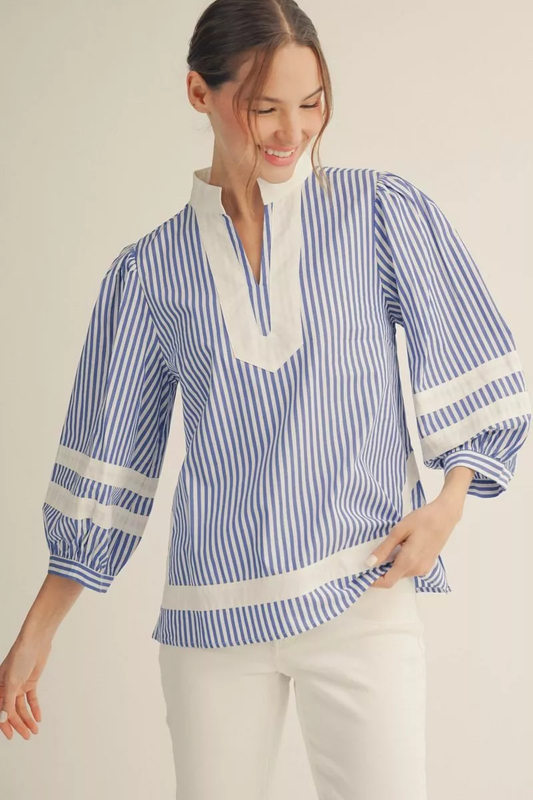 Blue Striped Long Balloon Sleeve Blouse