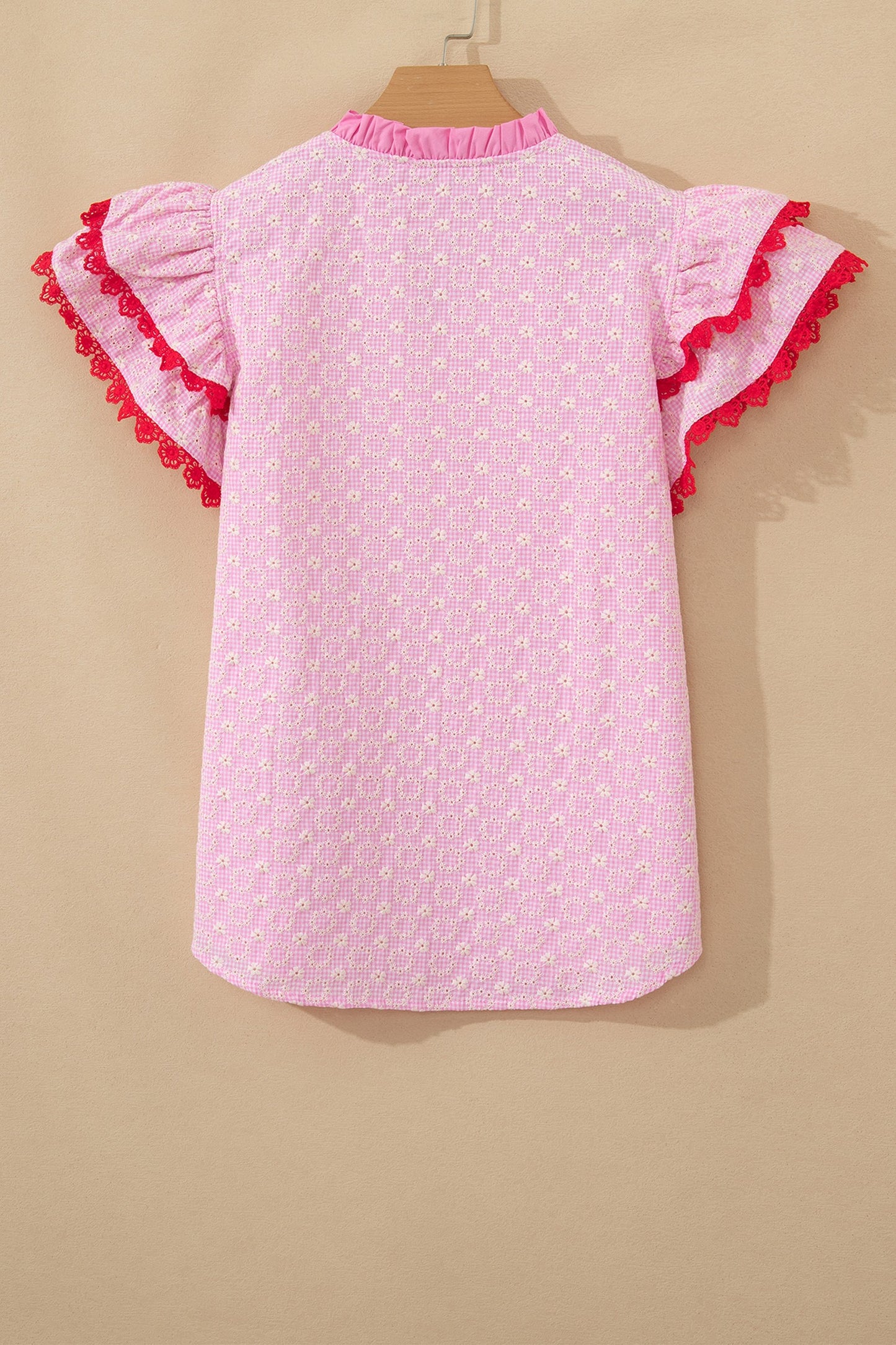 Pink Embroidered Eyelet Flutter Sleeve Blouse