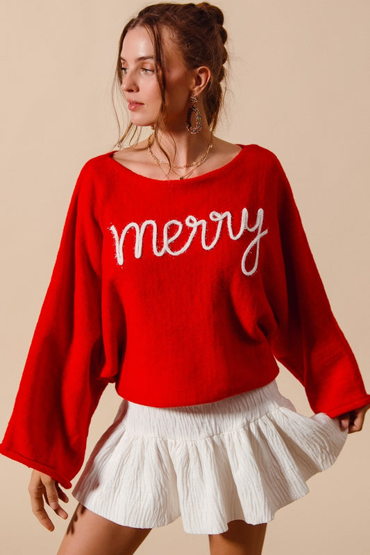 Red/Ivory 'Merry' Tinsel Yarn Christmas Sweater
