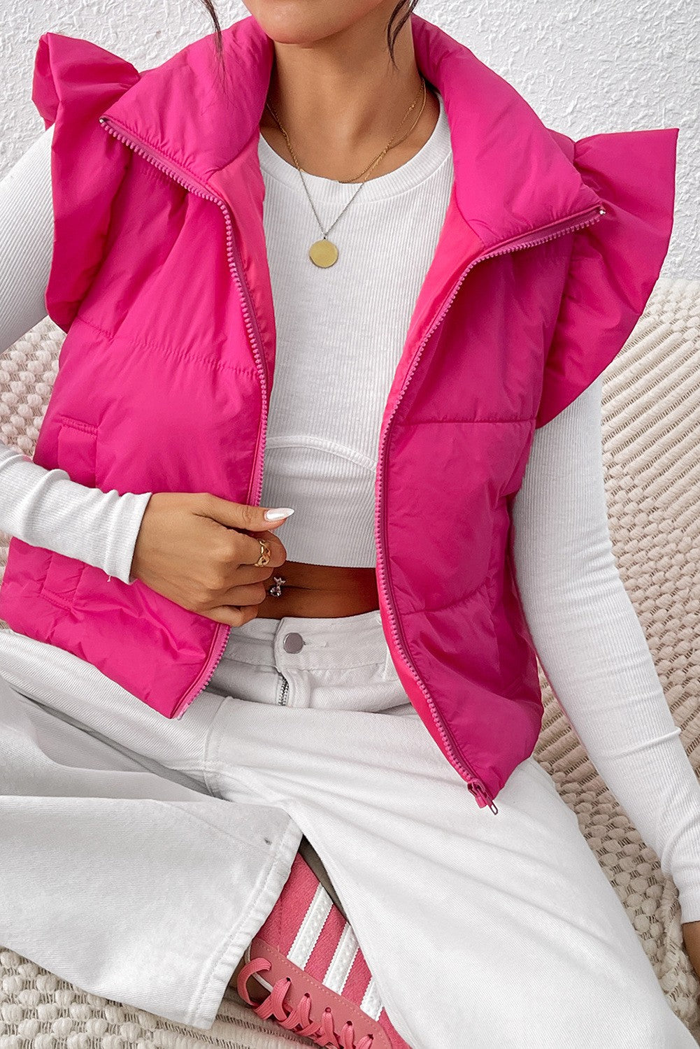 Hot Pink Ruffle Sleeve Cropped Puffer Vest