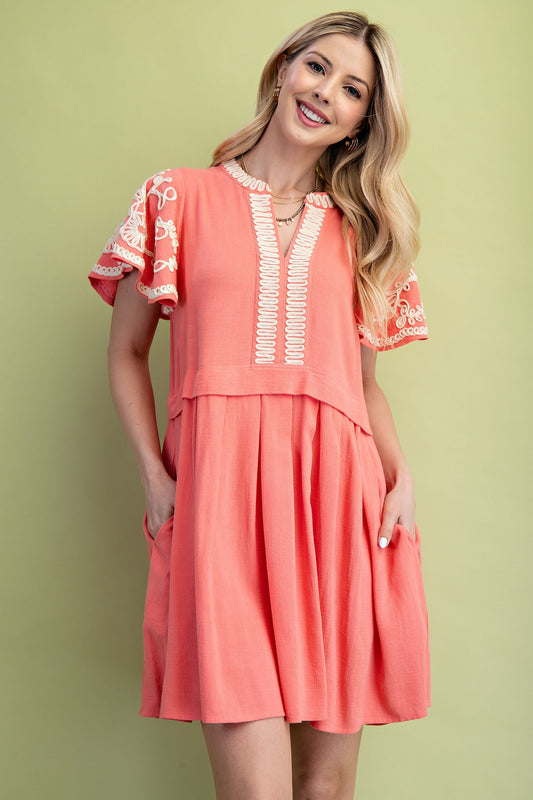 Embroidered Linen Flutter Sleeve Mini Dress w/ Pockets