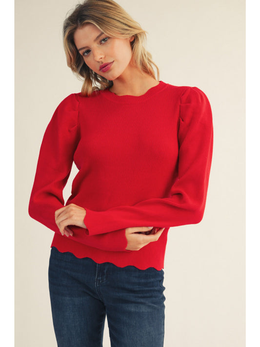 Red Ribbed Long Sleeve Top w/ Scalloped Neckline