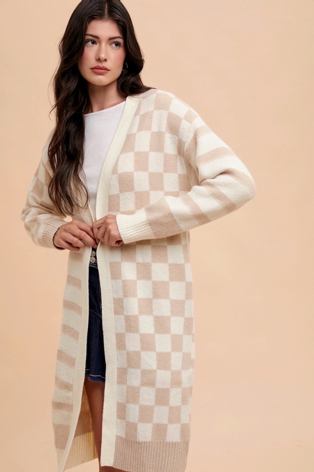 Latte Combo Stripe & Checkered Long Cardigan